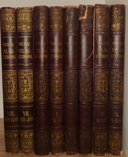 A Tolnai j Vilglexikonnak els 8 ktete: I.	A-Bad II. Bad-Bur III. Bur-Don, IV. Don-Fel, V. Fel-Gz,  VI. Gz-Hit VII. Hit-Js. VIII. Js-Kob