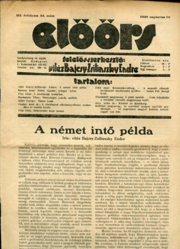 vit�z Bajcsy-Zsilinszky Endre ( felel�s szerkeszt�) - El��rs foly�irat III. �vf. 33. sz�m. 1930. augusztus 16.