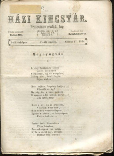 Batizfalvi Istvn Ballagi Mr  (szerk.) - Hzi kincstr. Protestns csaldi lap. 5-dik vfolyam. 6-ik szm. Mrtius 17. 1864.