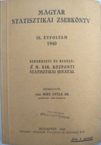 P�tria Irodalmi V�llalat - Magyar statisztikai zsebk�nyv 1940