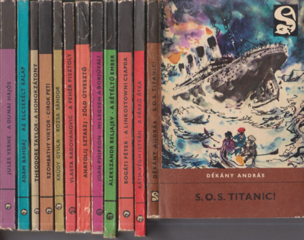 12 db Delfin knyv: S.O.S. Titanic! + A fra tka + A linkostowni csapda + A ktlt ember + Mi legyen a borjval? + Zld tveszt + A fehr pisztoly + Rzsa Sndor + Cirok Peti + A homokztony + Az elcserlt kalap + A dunai hajs