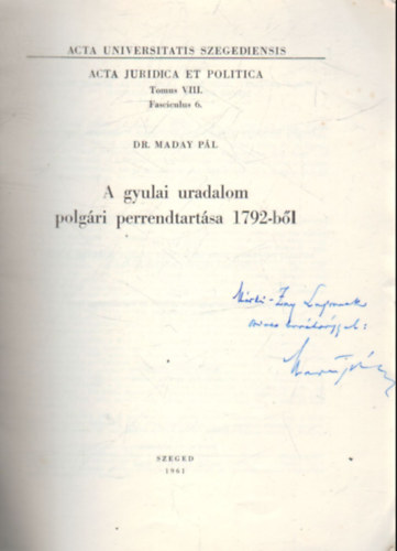 A gyulai uradalom polgári perrendtartása 1792-ből.