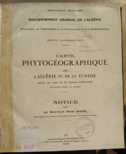 Carte phytog�ographique de l'Alg�rie et de la Tunisie ("Alg�ria �s Tun�zia n�v�nyf�ldrajzi t�rk�pe" francia nyelven) (1926)