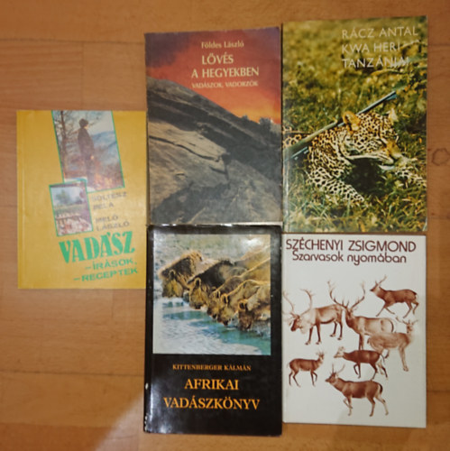 Fldes Lszl, Rcz Antal, Kittenberger Klmn, Grf Szchenyi Zsigmond Soltsz Bla-Mel Lszl - 5 knyv a vadszat szerelmeseinek: Vadszrsok, -receptek, Lvs a hegyekben, Kwa heri Tanznia!, Afrikai vadszknyv, Szarvasok nyomban