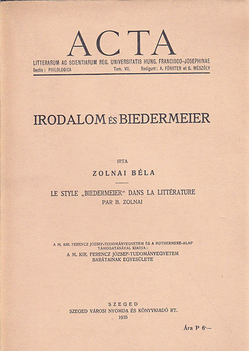 Zolnai Bla - Irodalom s Biedermeier (magyar/francia)