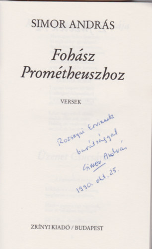 Simon Andrs - Fohsz Promtheuszhoz (Z-fzetek/2) Dediklt, szmozott!