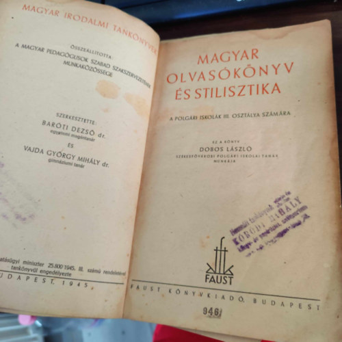 Dobos L�szl�  (szerk.) - Magyar olvas�k�nyv �s stilisztika (a polg�ri iskol�k III. oszt�lya sz�m�ra)