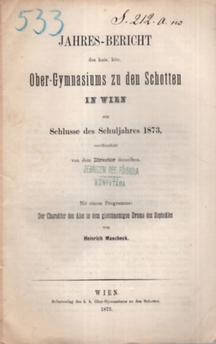 Heinrich Mascheck - Jahres-Bericht Ober-Gymnasiums zu den Schotten in Wien