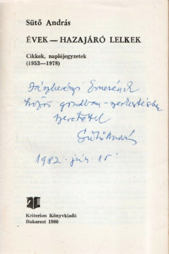 S�t� Andr�s - �vek - Hazaj�r� lelkek (Cikkek, napl�jegyzetek)