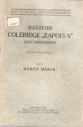 Hercz Mria - Jegyzetek Coleridge " Zapolya " cm drmjhoz - forrstanulmny