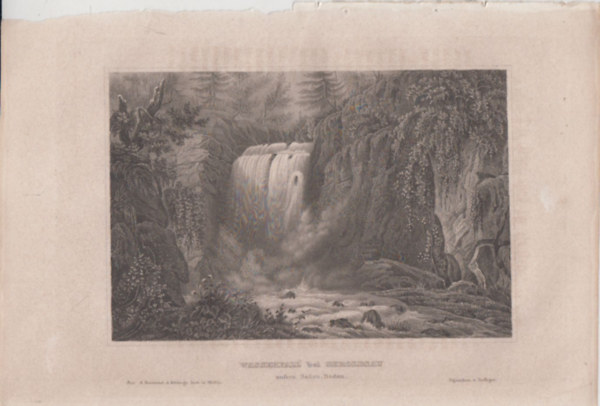 Wasserfall bei Geroldsau (unfern Baden-Baden) (Vízesés Geroldsaunál, nem messze Baden-Badentől, Németország, Európa) (16x23,5 cm lapméretű eredeti acélmetszet, 1856-ból)