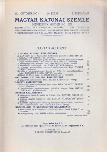 Vit�z Berk� Istv�n (szerk.) - Magyar Katonai Szemle 1931 okt�ber h�, 10. sz�m, I. �vfolyam