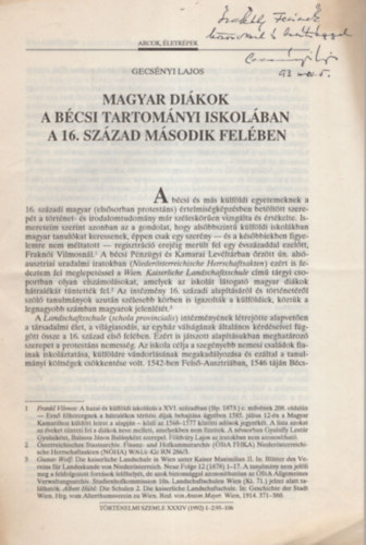 Gecsnyi Lajos - Magyar dikok a bcsi tartomnyi iskolban a 16. szzad msodik felben - dediklt - Klnlenyomat