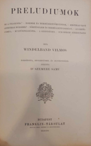 Windelband Vilmos - Preludiumok
