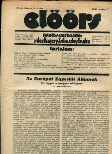 vitéz Bajcsy-Zsilinszky Endre ( felelős szerkesztő) - Előörs folyóirat III. évf. 23. szám. 1930. junius 7.