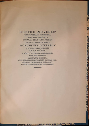 Turczi-Trostler Jzsef Goethe - Novella (eredeti) 1922