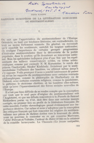 Kardos Tibor - Rapports Europens de la littrature Hongroise du sentimentalisme. (Littrature Hongroise - Littrature Europenne.)