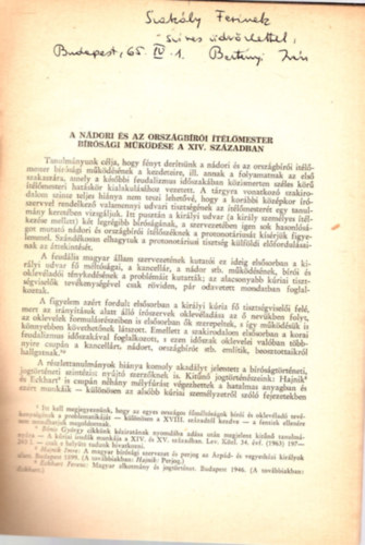 Bert�nyi Iv�n - A n�dori �s az orsz�gb�r�i �t�l�mester b�r�s�gi m�k�d�se a XIV. sz�zadban - dedik�lt - K�l�nlenyomat