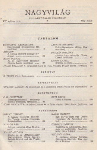 Kardos L�szl�  (szerk.) - Nagyvil�g (Vil�girodalmi foly�irat) I-II., VII. �vf. 1-12. sz�m, 1962 (k�t k�tetben)