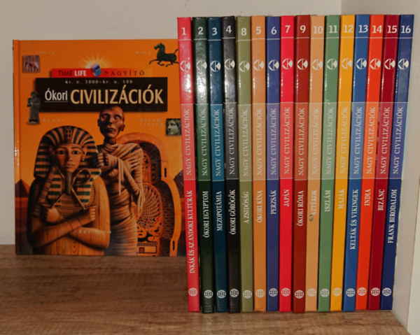 A Kossuth Kiad� Nagy Civiliz�ci�k c�m� k�nyvsorozat�nak mind a 16 k�tete + aj�nd�k �kori ciliz�ci�k:1. k�tet - Ink�k �s az andoki kult�r�k 2. k�tet - �kori Egyiptom 3. k�tet - Mezopot�mia 4. k�tet - �kori g�r�g�k (a