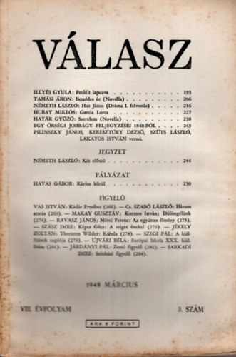 Illyés Gyula  (szerk.) - Válasz - VIII. évf. 3. szám, 1948. március
