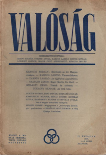 Gyenes Antal, Kardos L�szl� Szab� Zolt�n - Val�s�g II. �vfolyam 1946. 1-2. sz�m