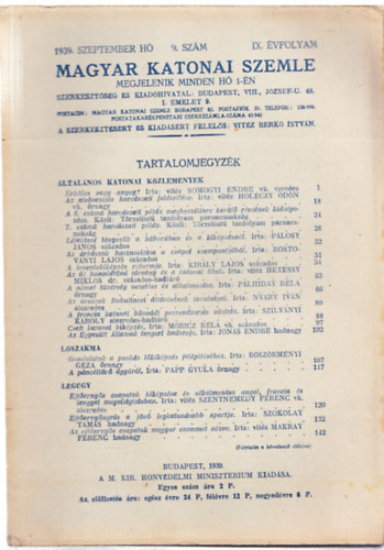 Vit�z Berk� Istv�n  (szerk.) - Magyar Katonai Szemle 1939. szeptember h� 9. sz�m IX. �vfolyam