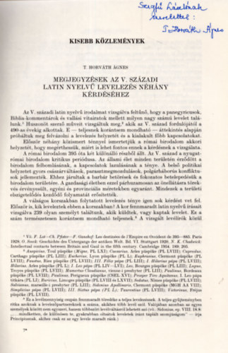 T. Horvth gnes - Megjegyzsek az V. szzadi latin nyelv levelezs nhny krdshez - Klnlenyomat - Dediklt