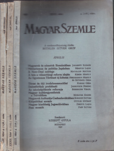 Bethlen István gróf - 3db Magyar Szemle: 1938/január+december+1937/április
