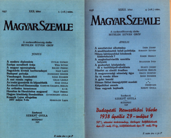 Szekf� Gyula szerk. - Magyar Szemle 1937. XXX. k�tet 2. sz�m, 1938. XXXII. k�tet 4. sz�m, 1939. XXXV. k�tet I. sz�m, 1939. XXV. k�tet 3. sz�m, 1939. XXXVI. k�tet 1. sz�m