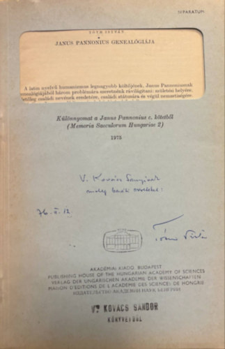Tóth István - Janus Pannonius Genealógiája - Különlenyomat