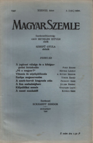 Dr. Eckhardt Sndor  (Szerk.) - Magyar Szemle 1940/XXXVIII.ktet 2.(150.)szm