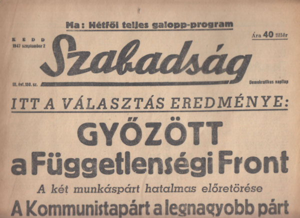 Szabadság (Demokratikus napilap) 1947. szeptember 2. III. évfolyam 198. szám