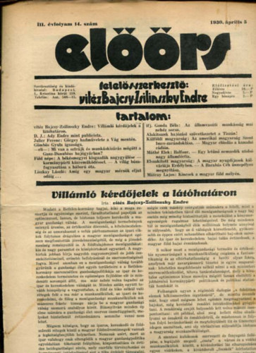 vit�z Bajcsy-Zsilinszky Endre  ( felel�s szerkeszt�) - El��rs foly�irat III. �vf. 14. sz�m. 1930. �prilis 5.