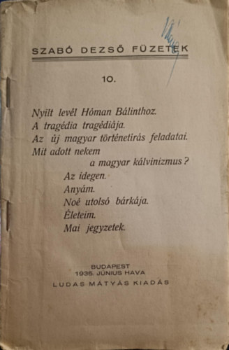 Szab� Dezs� - Ny�lt lev�l H�man B�linthoz (Szab� Dezs� F�zetek 10.)