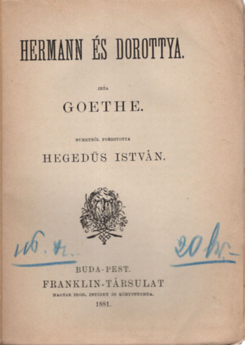 Hegeds Istvn  Goethe (ford.) - Hermann s Dorottya - Olcs Knyvtr 116. sz.