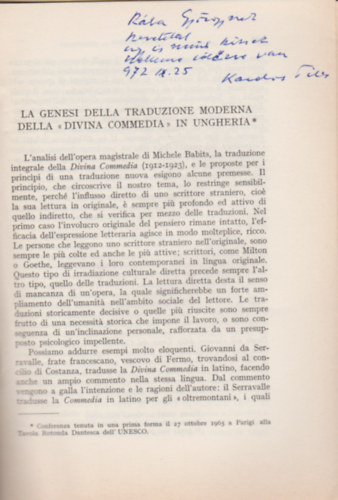 Kardos Tibor - La genesi della traduzione moderna della "Divina Commedia" in Ungheria. (Estratto da Studi Danteschi. Vol. XLVIII.)