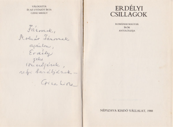 Czine Mihly  (szerk.) - Erdlyi csillagok (romniai magyar rk antolgija) (Dediklt)