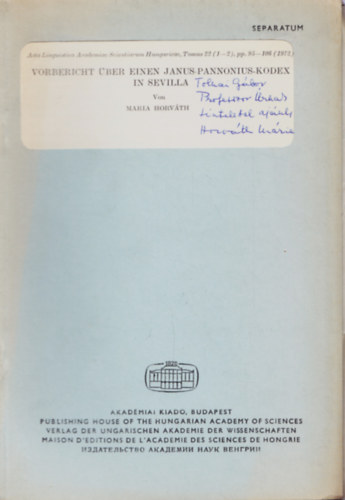 Maria Horváth - Vorbericht über einen Janus-Pannonius-Kodex in Sevilla - Separatum