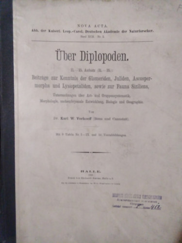 Dr. Karl W. Verhoeff - ber Diplopoden