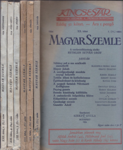 Bethlen Istv�n gr�f - Magyar Szemle 6 db k�tete: 1934/janu�r+�prilis+m�jus+j�lius+augusztus+szeptember