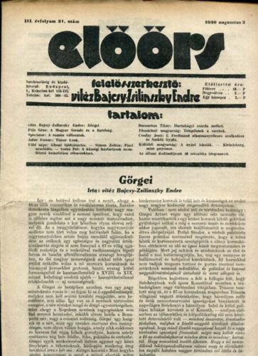vit�z Bajcsy-Zsilinszky Endre ( felel�s szerkeszt�) - El��rs foly�irat III. �vf. 31. sz�m. 1930. augusztus 2.