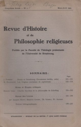 Revue d'Histoire et de Philosophie religieuses - Mars-Avril 1925