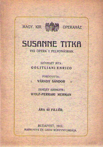 Susanne titka - Vig opera 1 felvonásban