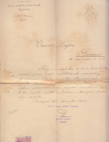 �zleti lev�l - Magyar Kir�lyi �llamvasutak (1897)