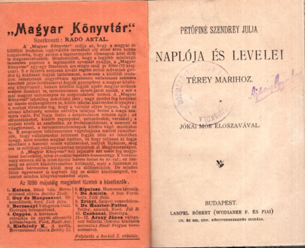 Pet�fin� Szendrey J�lia napl�ja �s levelei  T�rey Marihoz - Magyar K�nyvt�r sorozat