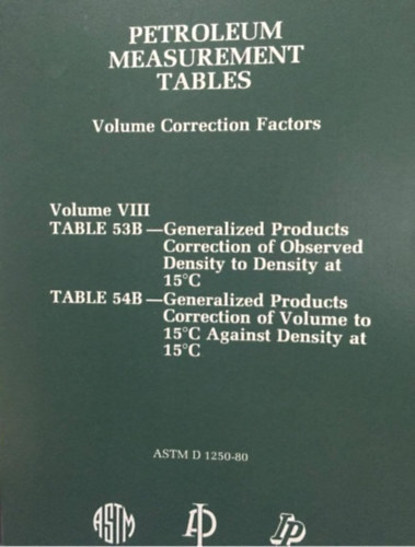 Manual of Petroleum Measurement Standards Chapter 11.1-Volume Correction Factors, Volume Viii, Tables 53B and 54B