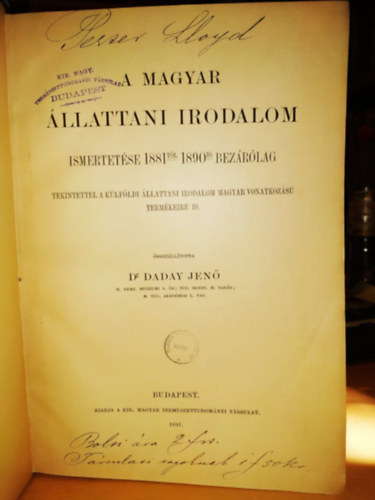A magyar állattani irodalom ismertetése 1881-től 1890-ig bezárólag