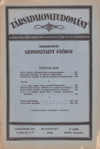 Szombatfalvy Gyrgy  (Szerk.) - Trsadalomtudomny - A Magyar Trsadalomtudomnyi Trsulat folyirata 15. vf. 4. szm (1935)