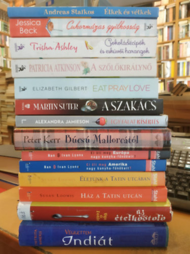 Ugo di Fonte, Peter Kerr, Chitrita Banerji, Nan & Ivan Lyons, Jessica Beck, Trisha Ashley, Susan Loomis, Elizabeth Gilbert, Martin Suter, Patricia Atkinson, Andreas Staikos, Alexandra Jamieson - 14 db Gastro-regény: Végigettem Indiát; Egy falat kísértés; Búcsú Mallorcától; Az ételkóstoló; Cukormázas gyilkosság; Csokoládécipők és esküvői harangok; Ízek, imák, szerelmek; Ki öli meg Európa nagy konyhafőnökeit?